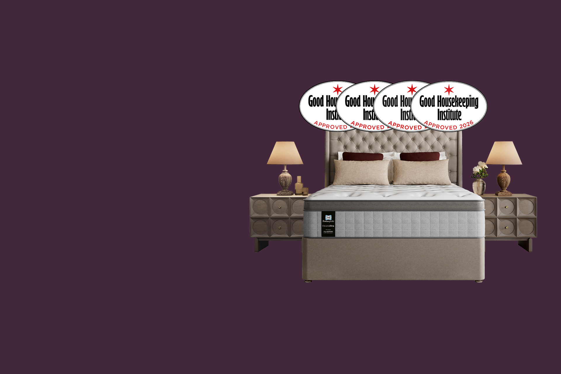 A Sealy Posturepedic Elevate Ultra mattress styled in a luxury bedroom, shown with a tufted upholstered headboard and neutral bedding. A banner highlights that the mattress is award-winning for four consecutive years and approved by the Good Housekeeping Institute.
